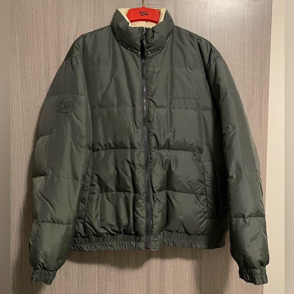 Cinch Reversible Down Puffer Jacket - Deep Olive Green & Cream - Size Large